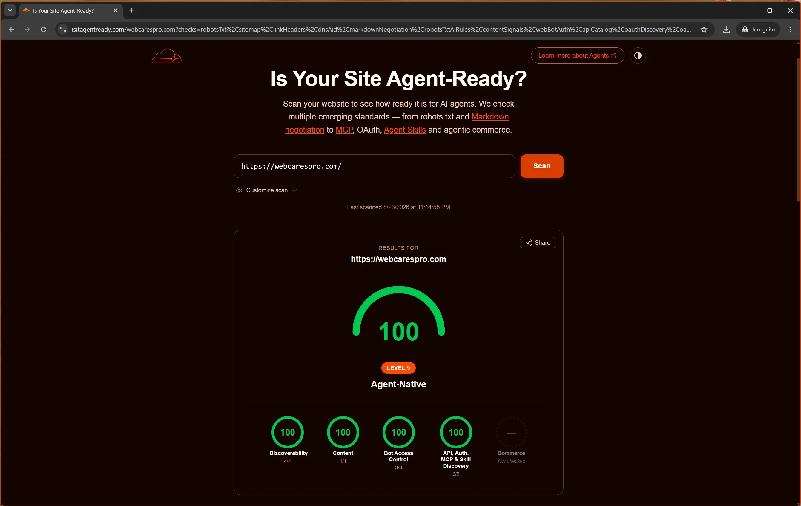 IsItAgentReady Level 5 Audit - 100/100 Score Is It Agent Ready 100 out of 100 Level 5 Agent Native Test Results for webcarespro.com