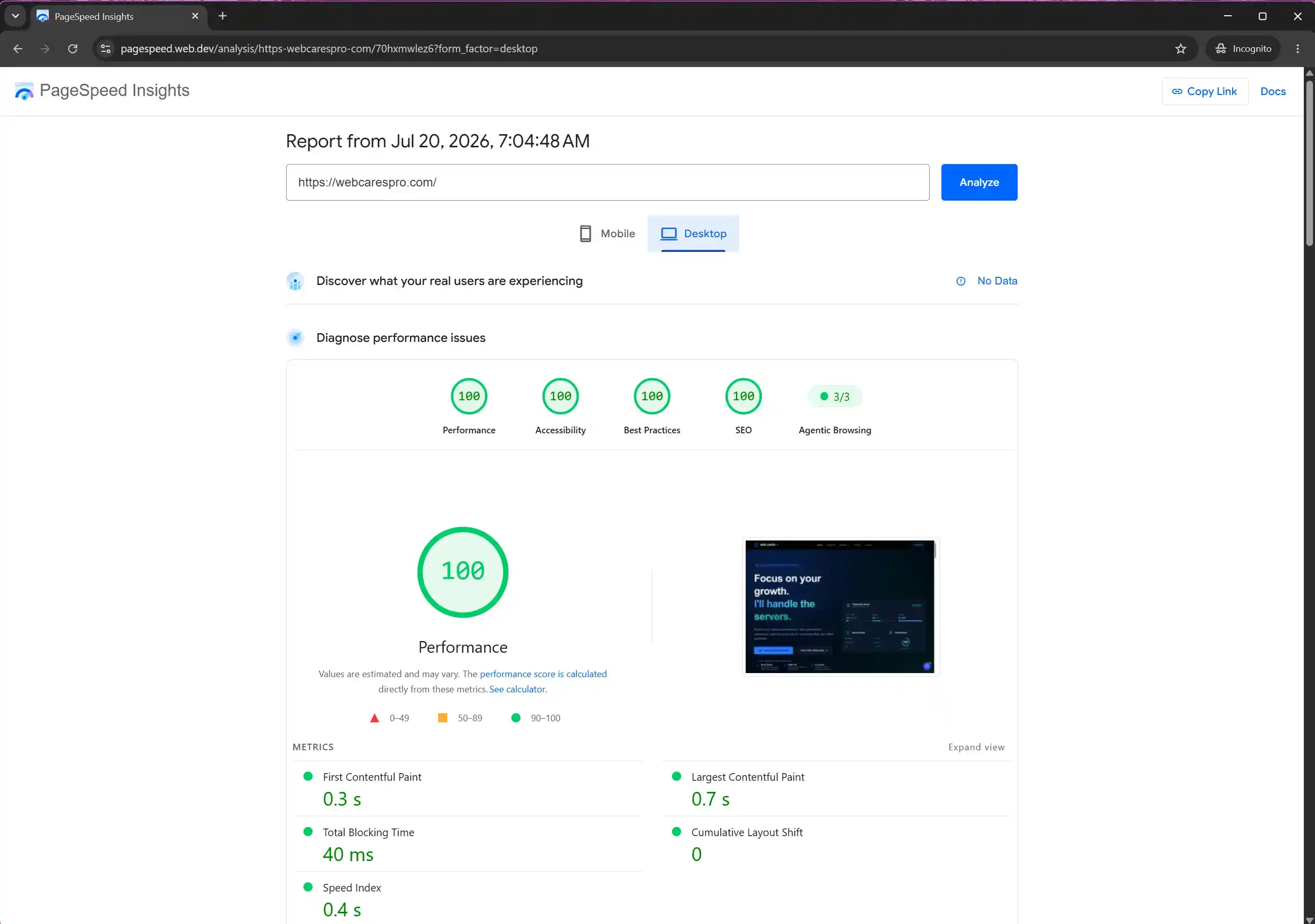 WebCare Pro Desktop Google PageSpeed 100/100